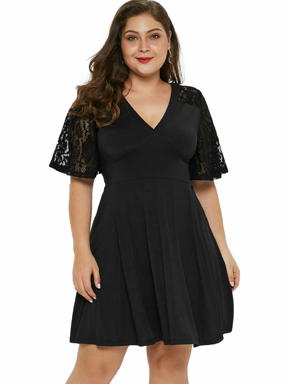 Large Size V-Neck Short-Sleeved Lace Dress