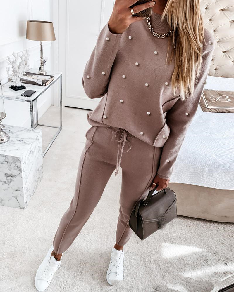New Women's Khaki Bubble Bead Casual Suit