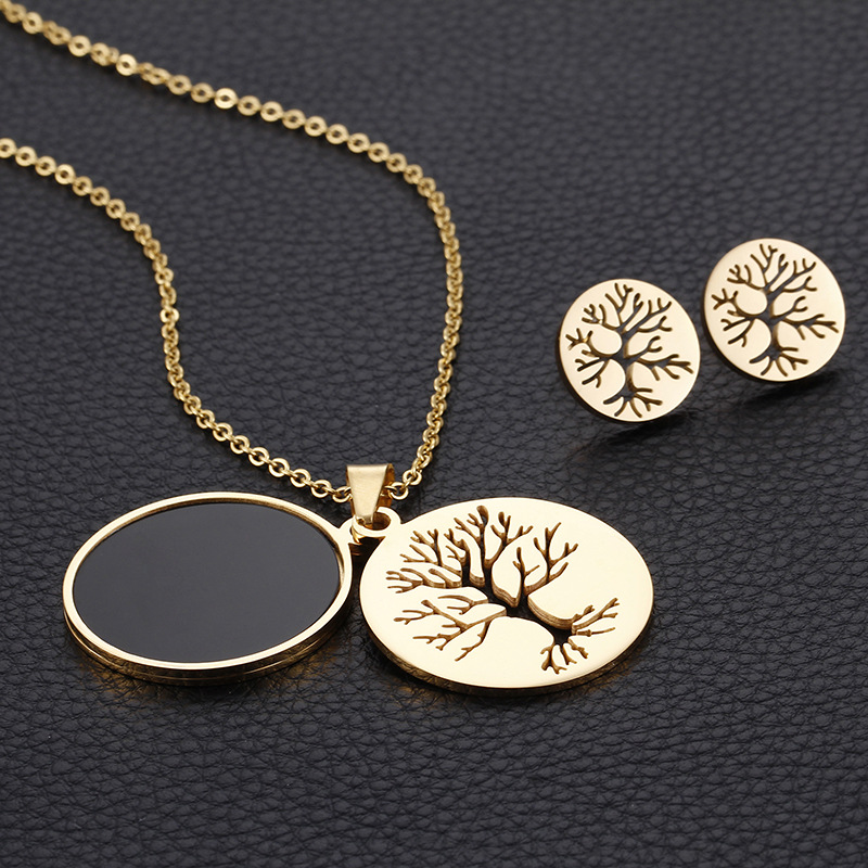 Tree Of Life Tag Titanium Steel Round Double Pendant Earring Set