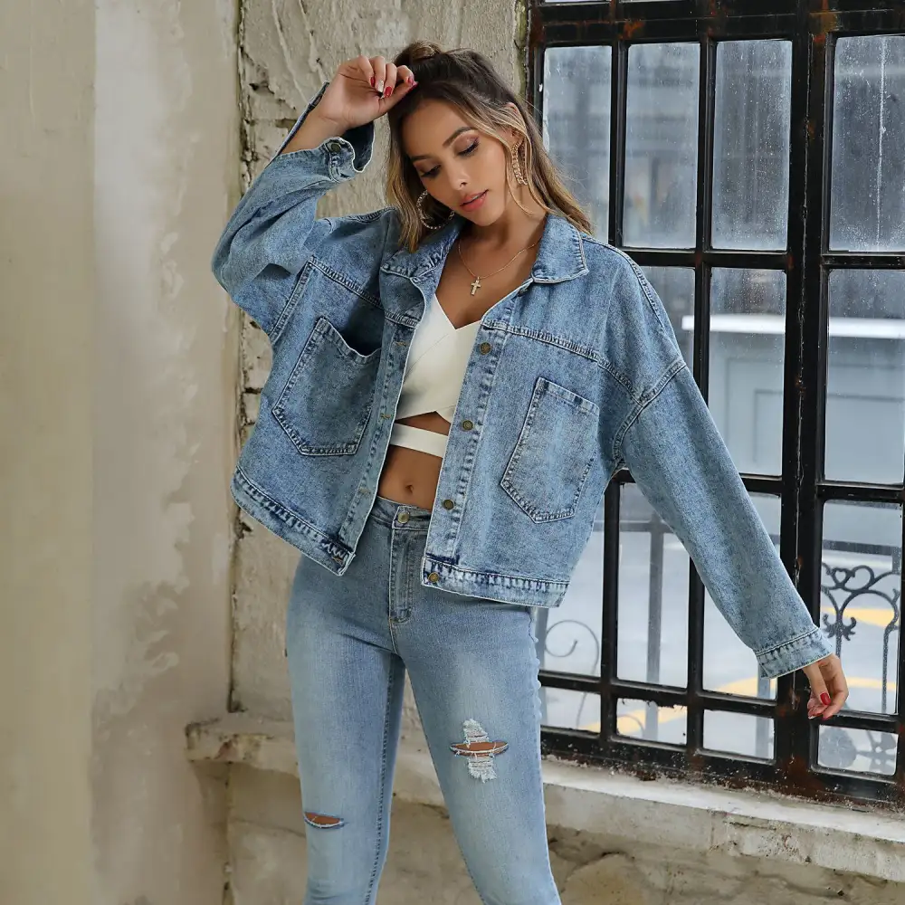Water Blue Short Loose Casual Denim Jacket