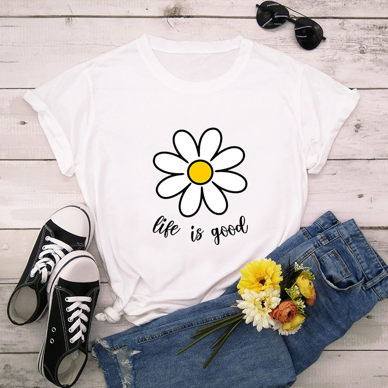 European And American Plant Print Round Neck Cotton Short-Sleeved Women's Shirt