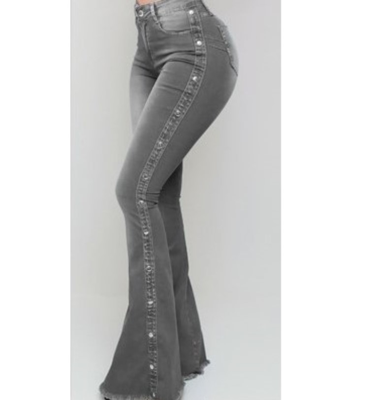 High Waist Stretch Ladies Mopping Denim Flared Pants Grey - Shop at LoveMi