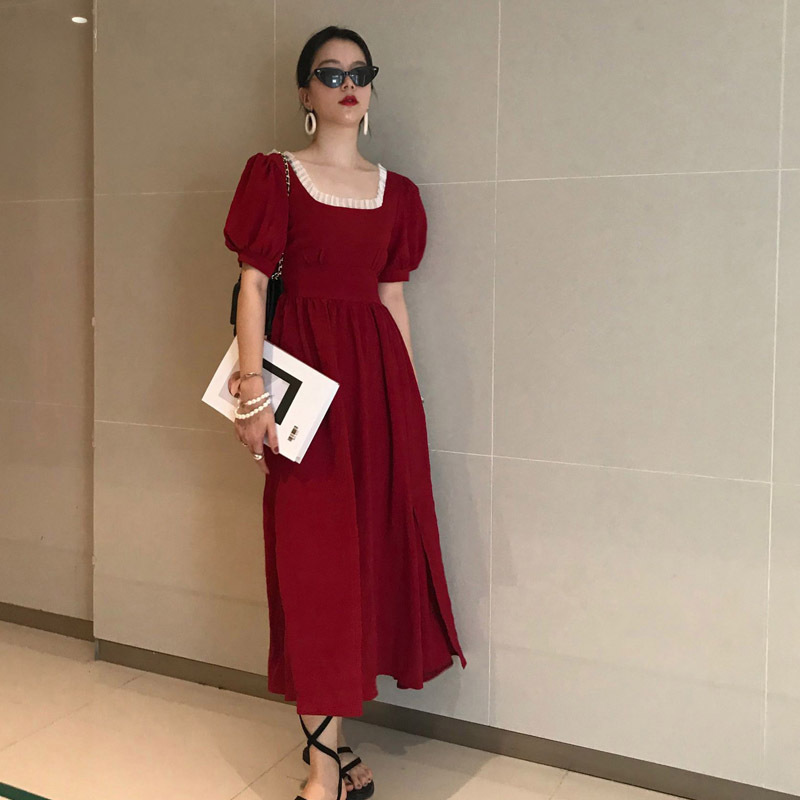 Square Collar Temperament Pleated High Waist Split Dress