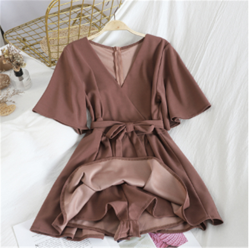 Temperament V-neck Short-sleeved Waist Tie Dress