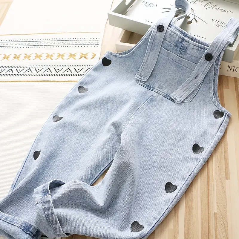 Girls' Denim Overalls with Heart Print, Cotton Jumpsuit for Toddlers and Kids