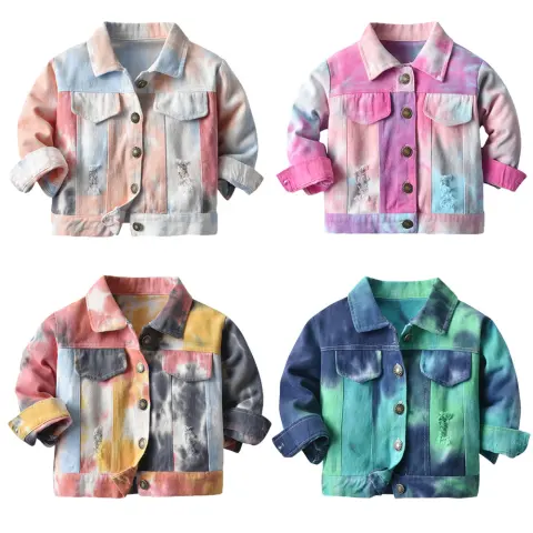 Children's Multicolor Tie-Dyed Denim Jacket with Lapels and Long