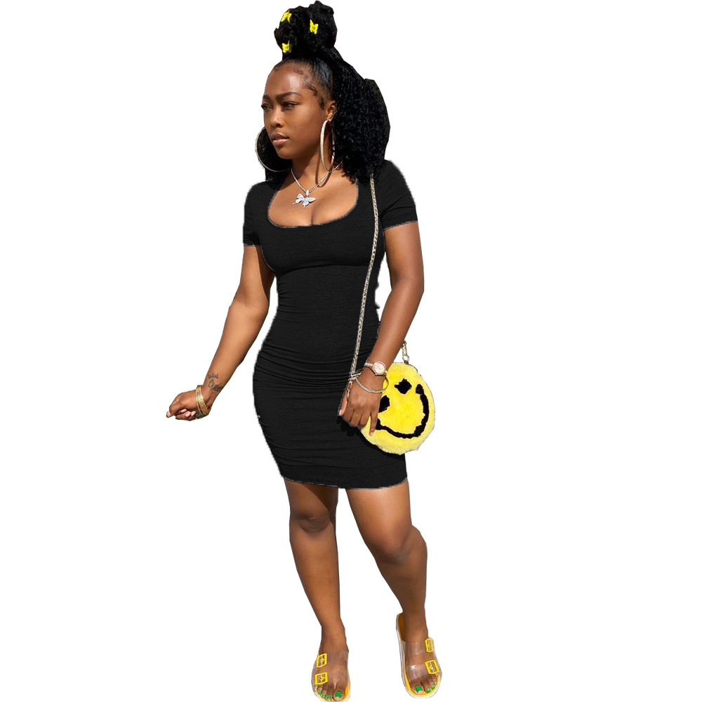 Solid Color Pleated Open Back Sexy Dress