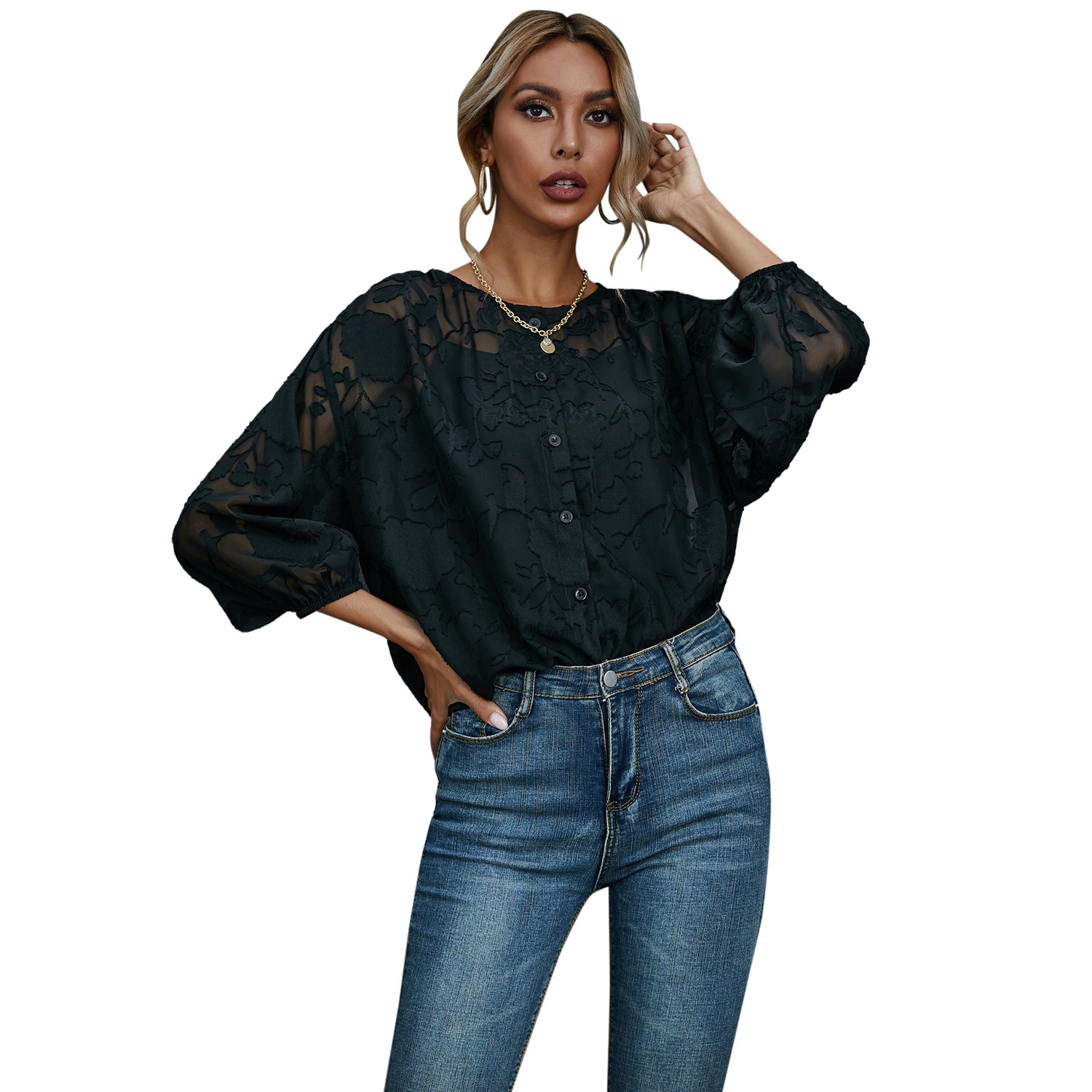 Women's Casual Temperament Lace Round Neck Shirt