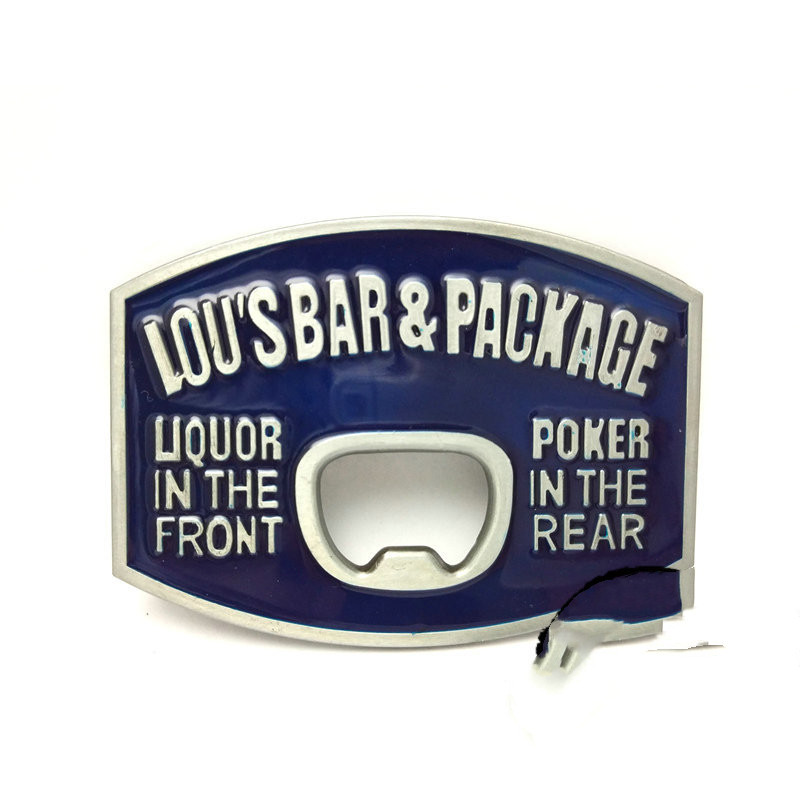 Lou’s Bar & Package Belt Buckle Bottle Opener – Zinc Alloy Western Buckle with B