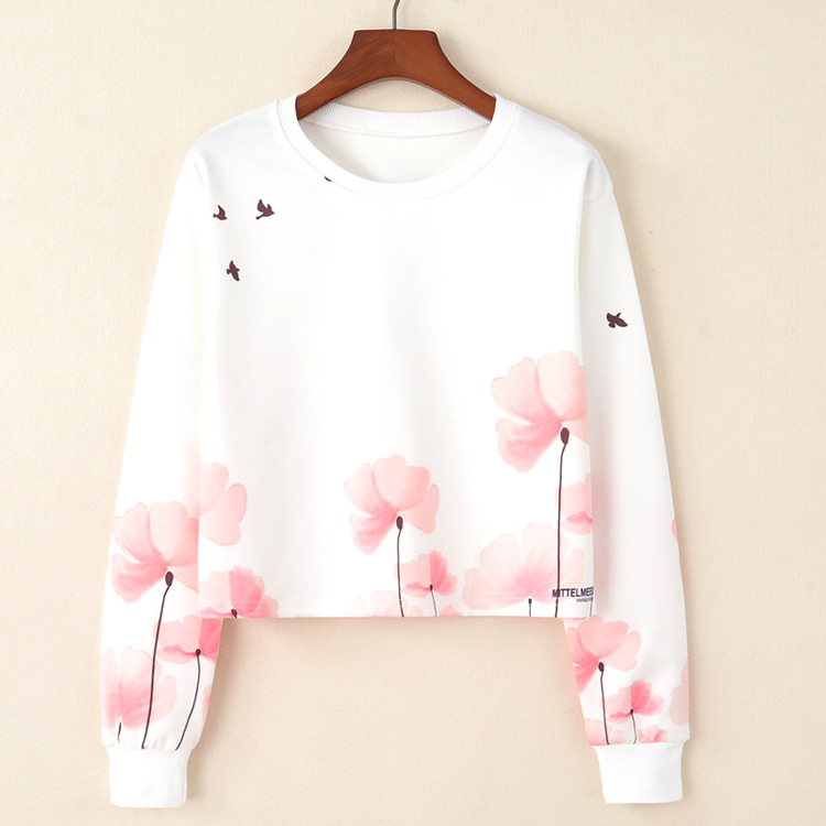 Title 4, Round Neck Pullover Flower Sea Bird Print Long-...