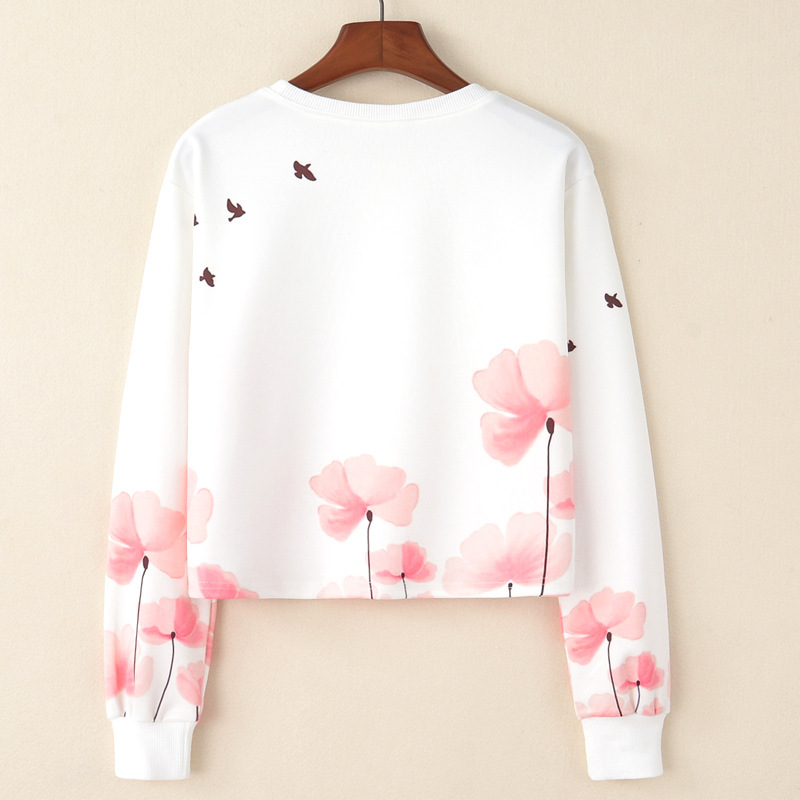 Title 2, Round Neck Pullover Flower Sea Bird Print Long-...