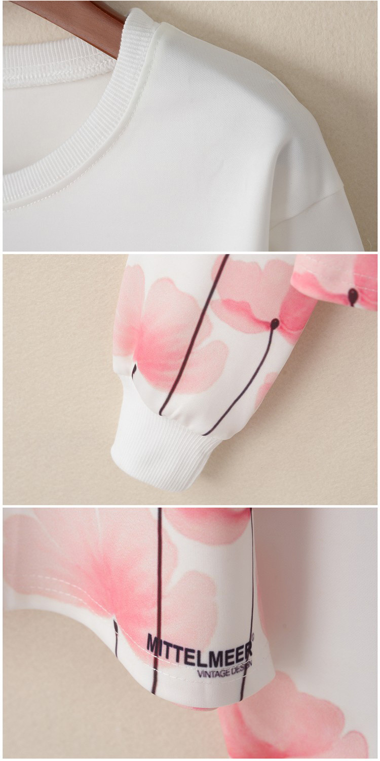 Round Neck Pullover Flower Sea Bird Print Long-Sleeved Sweater