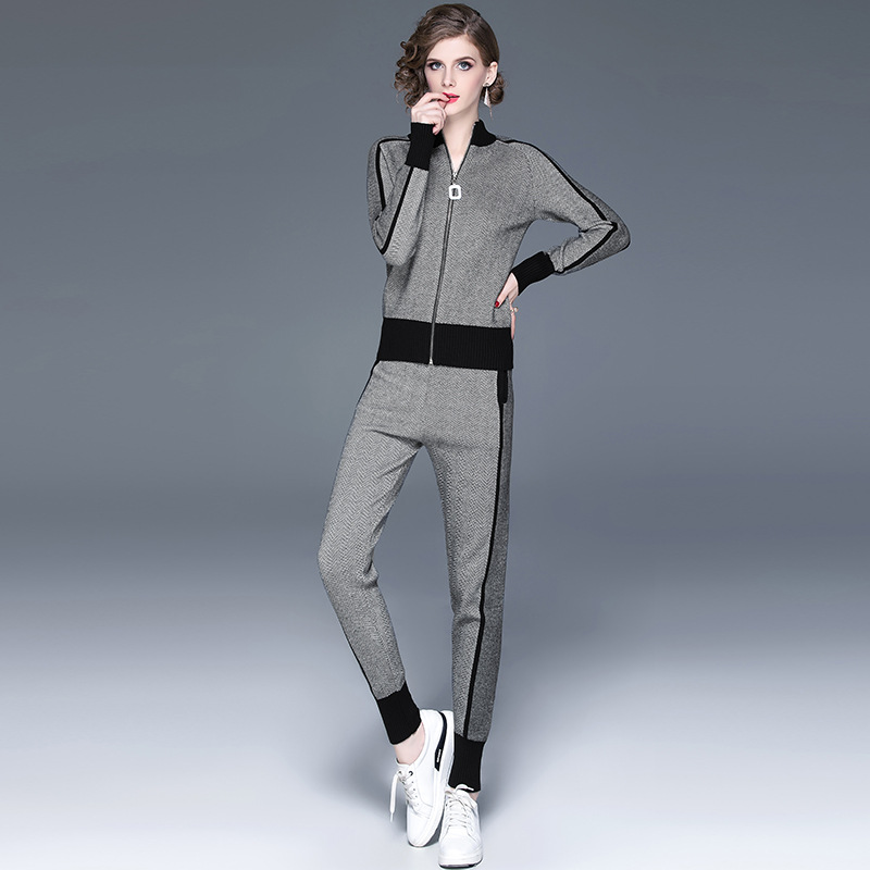 Sport Stripe Contrast Color Knitted Casual Pants Suit