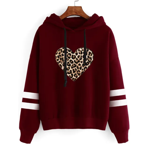 Leopard Love Printed Parallel Bar Hooded Sweatshirt Wine - Shop at LoveMi