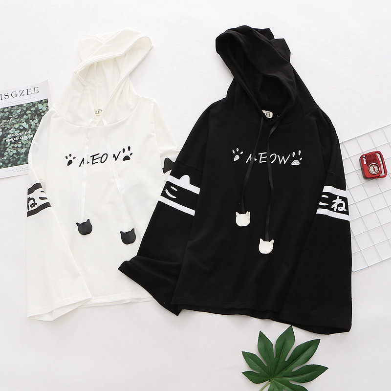 Cute Cartoon Cat Paw Embroidery Loose Long Sleeve Hoodie