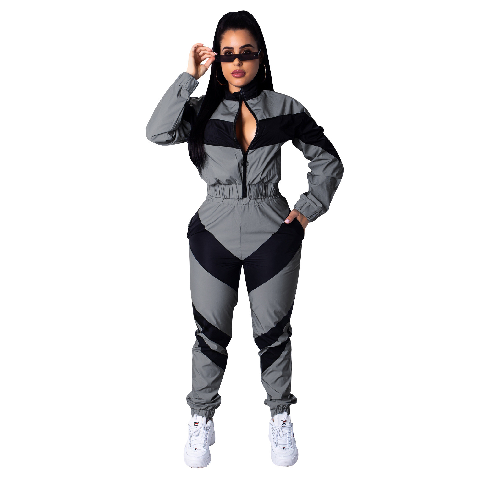 Solid Color Two-color Stitching Long-sleeved Windbreaker Suit