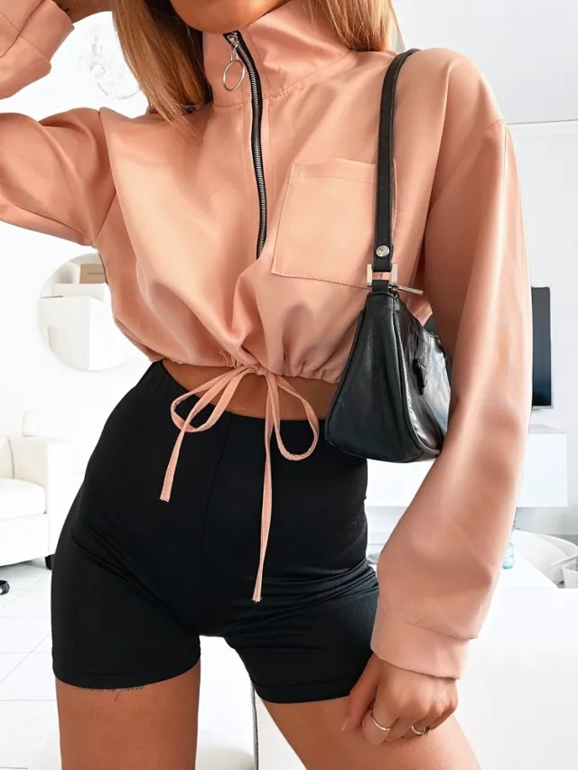Women's Stand Up Collar Long Sleeved Drawstring Short Coat Jacket Tan - Shop at LoveMi