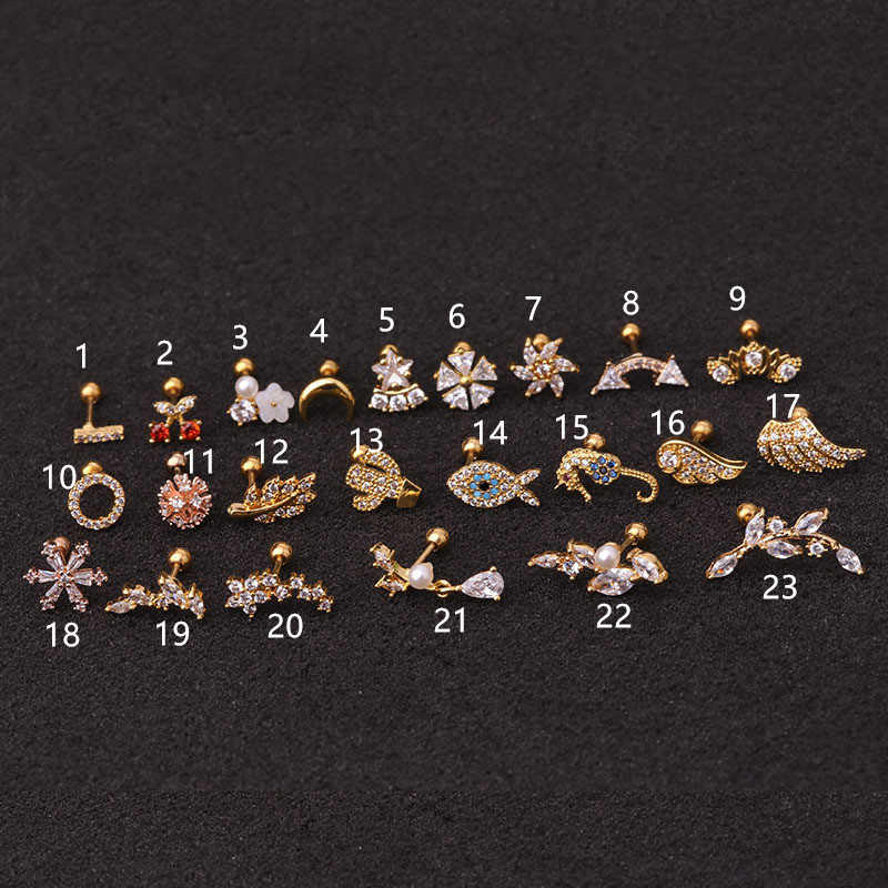 Ear Piercing Hippocampal Screw Stud Earrings Inlay Zircon Ear Bone Nail