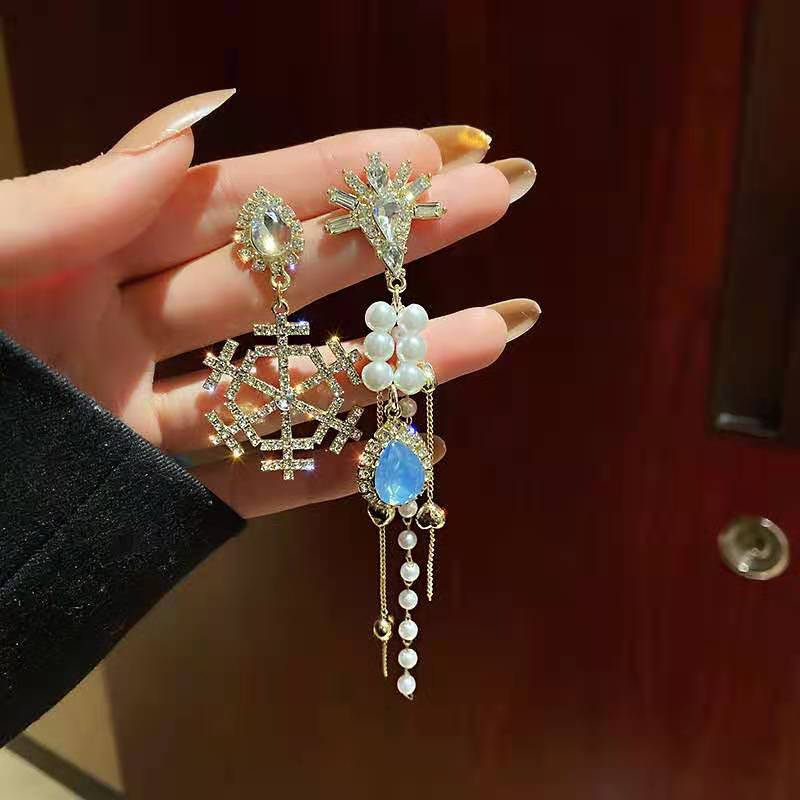 Asymmetrical Earrings Female Snowflake Drop Pearl Tassel Earrings