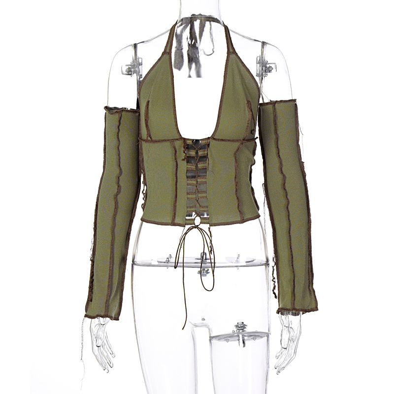 Long-sleeved T-shirt with Halterneck Tie On Chest