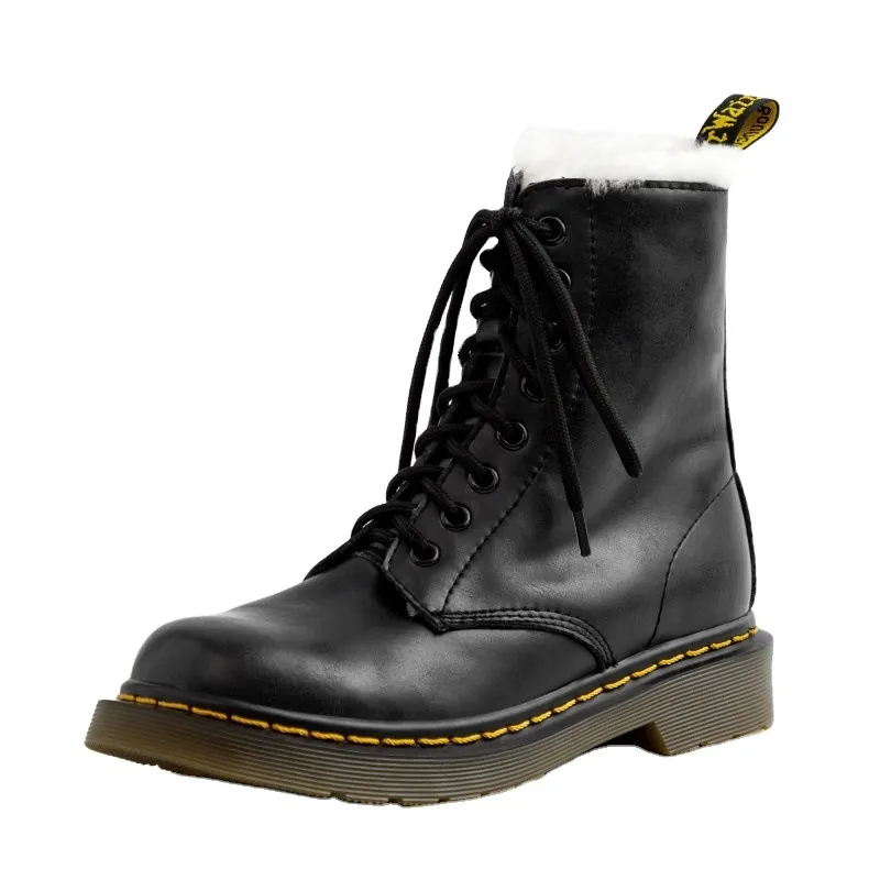Martin Boots Women's Short Boots Real Wool Lining Lambs Wool Shoes - Black