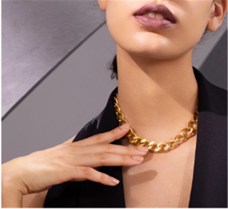 18K Gold Titanium Steel European and American Hip-hop Style Thick Chain Round Buckle Clavicle Chain