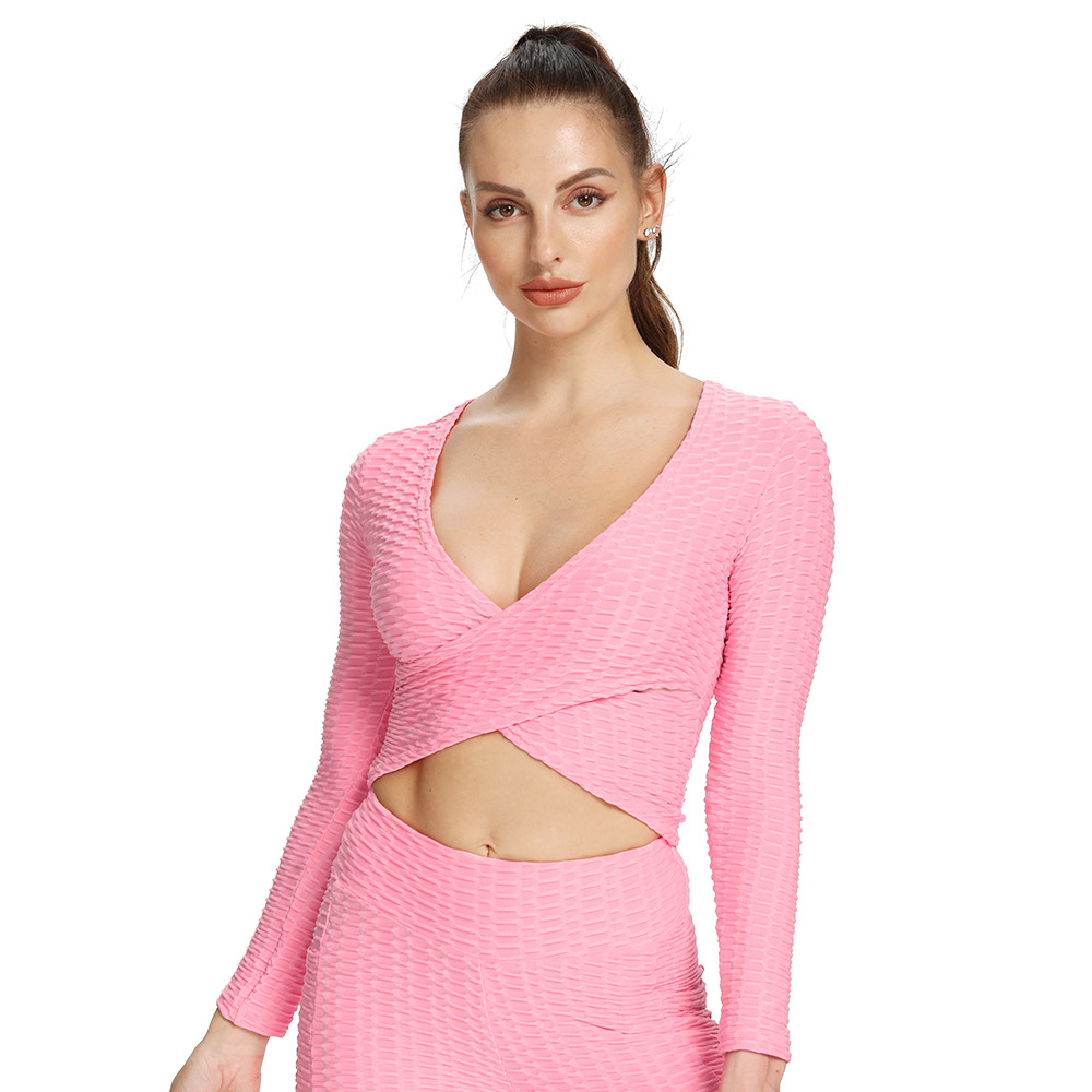 نسخة قصيرة جدًا مناسبة لقائمة المنتجات:

> يوجا نسائية أوروبي وأمريكي بنمط جاكار متقاطع نحيف بدون صدر بأكمام طويلة