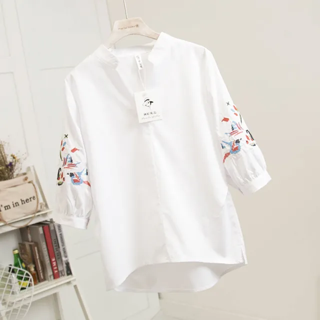 Oversized 3 4 Sleeve Loose V Neck Embroidered Blouse Red - Shop at LoveMi