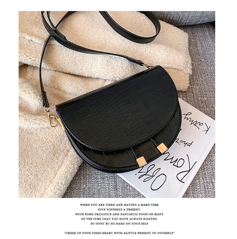 Pattern Wide Shoulder Strap Crossbody Small Bag Semicircle Saddle Bag - Black