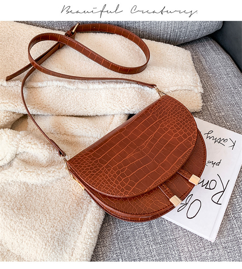 Pattern Wide Shoulder Strap Crossbody Small Bag Semicircle Saddle Bag