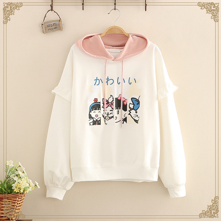 Title 2, Ruffles Patchwork Cartoon Print Casual Hoodies ...