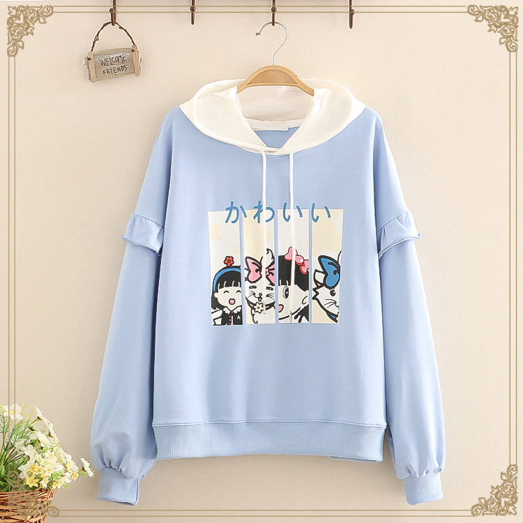 Title 4, Ruffles Patchwork Cartoon Print Casual Hoodies ...