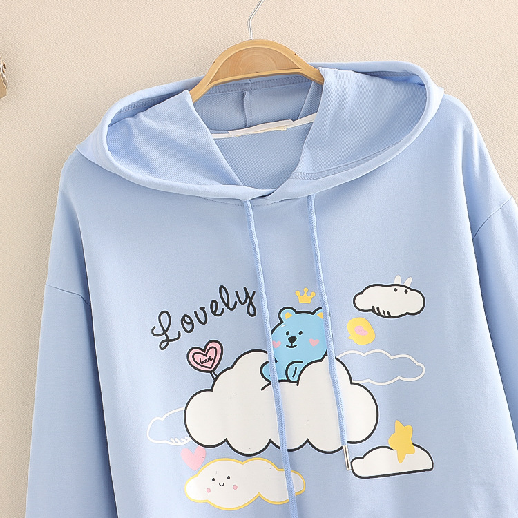 Title 2, Cartoon Bear Print Casual Hooded Sweatshirt Women 