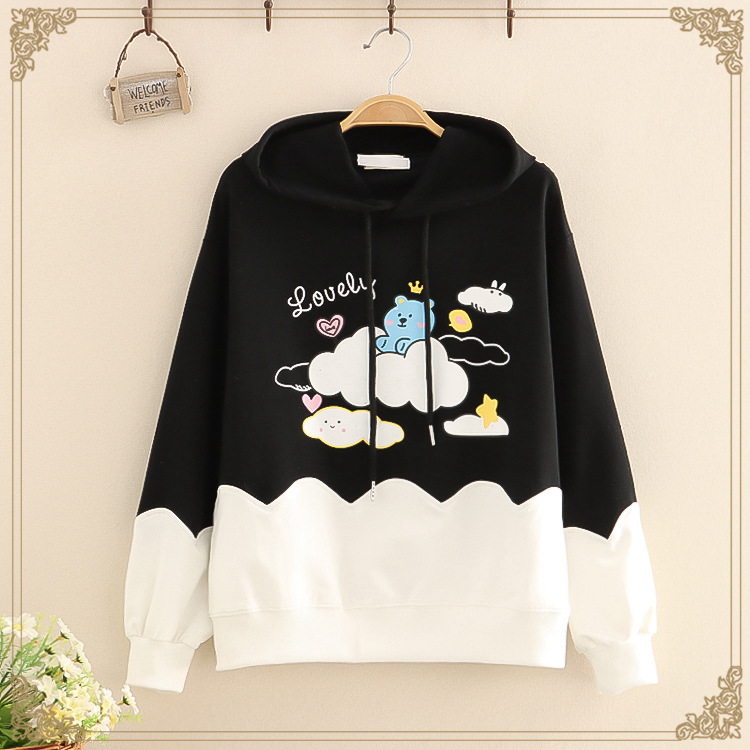 Title 5, Cartoon Bear Print Casual Hooded Sweatshirt Women 