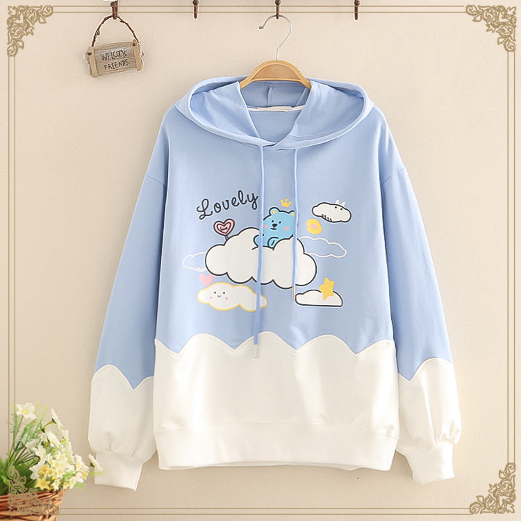 Title 3, Cartoon Bear Print Casual Hooded Sweatshirt Women 