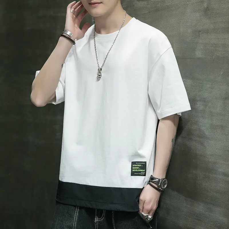 Youth Bottoming Shirt Stitching Round Neck Half Sleeve Cotton T-Shirt
