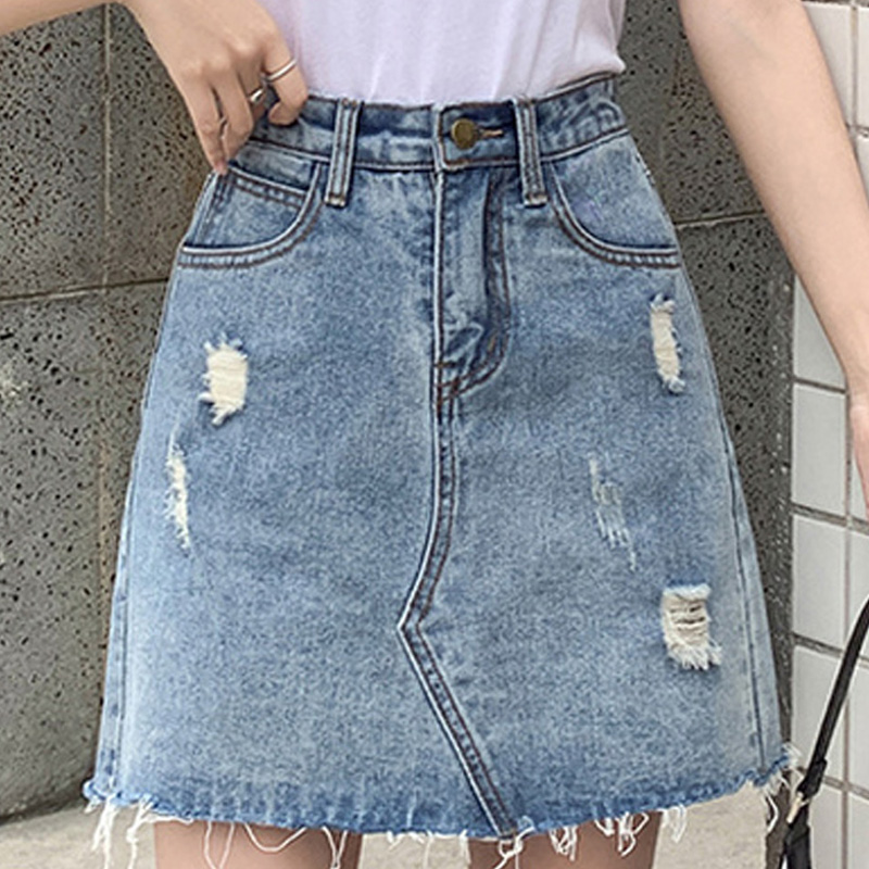 All-match Bag Hip Hole Fringed High Waist Denim Skirt