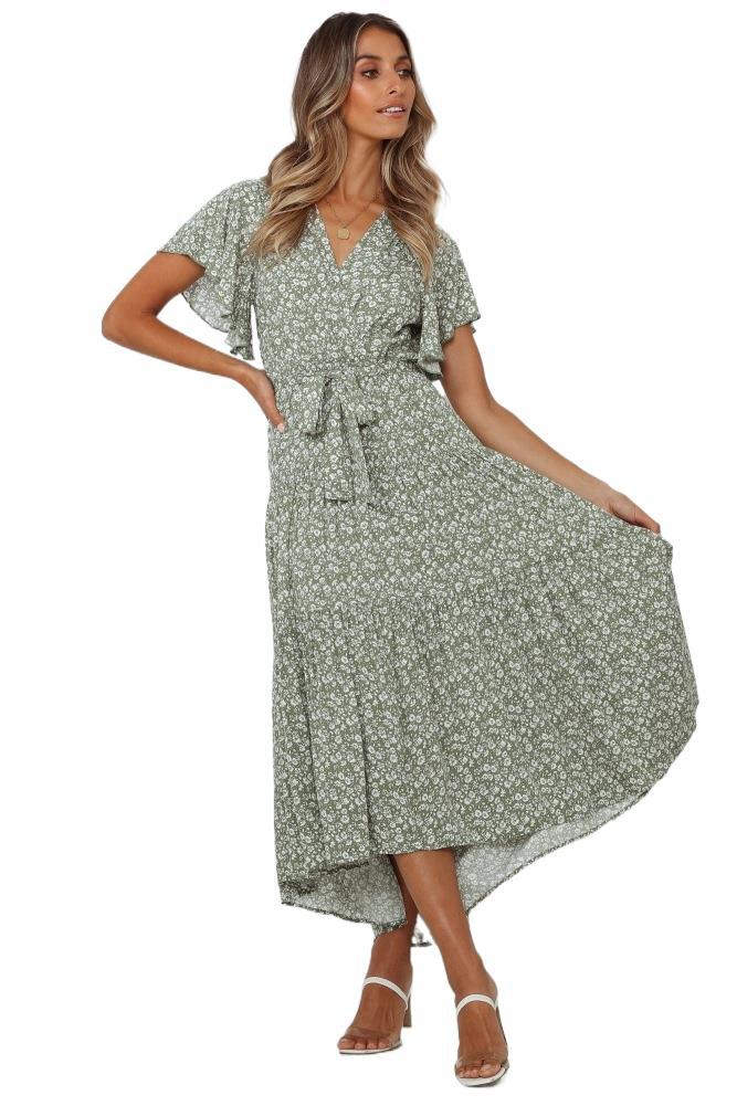 Casual Temperament Women's Short-Sleeved Printed V-Neck Dress