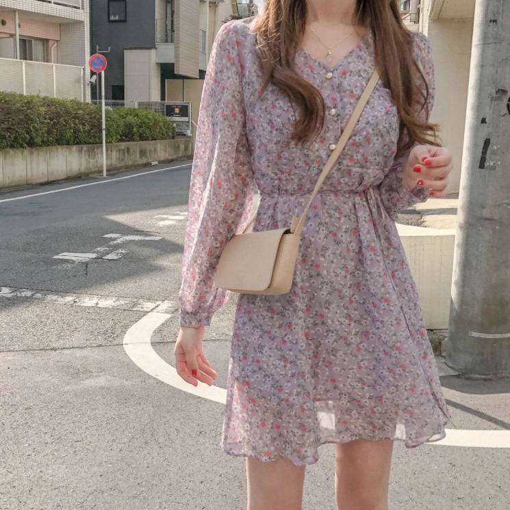 Ladies Retro Floral Long Sleeved Waist Small Short Dress