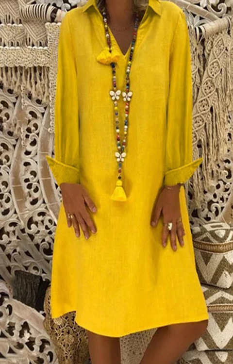 Ladies Long Sleeve V Neck Solid Color Loose Large Size Dress