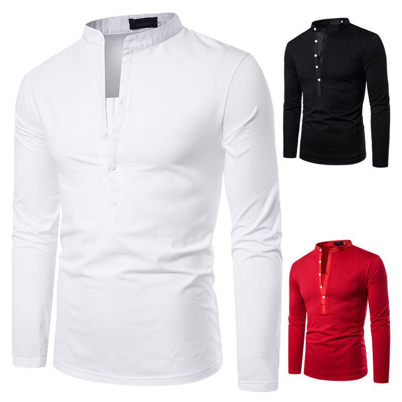 Men's Solid Color Deep V Stand Up Collar Long Sleeved Slim Shirt