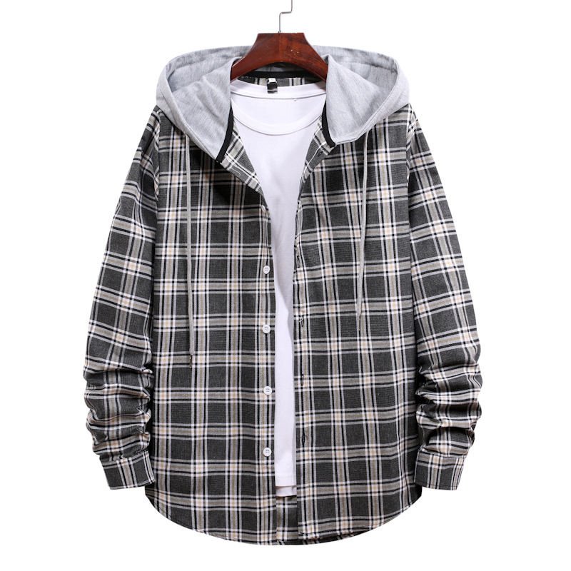 Men's Long Sleeve Plaid Shirt Casual Loose Hooded Colorblock Shirt