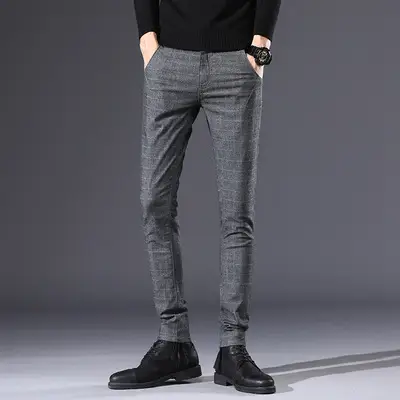 Fall Winter Men's Stretch Brushed Slim Fit Casual Trousers
