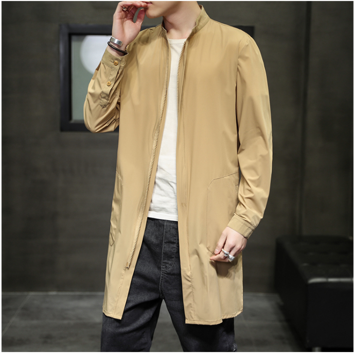 Retro Fashion Solid Color Casual Stand Collar Mid Length Windbreaker Jacket Men's Jacket