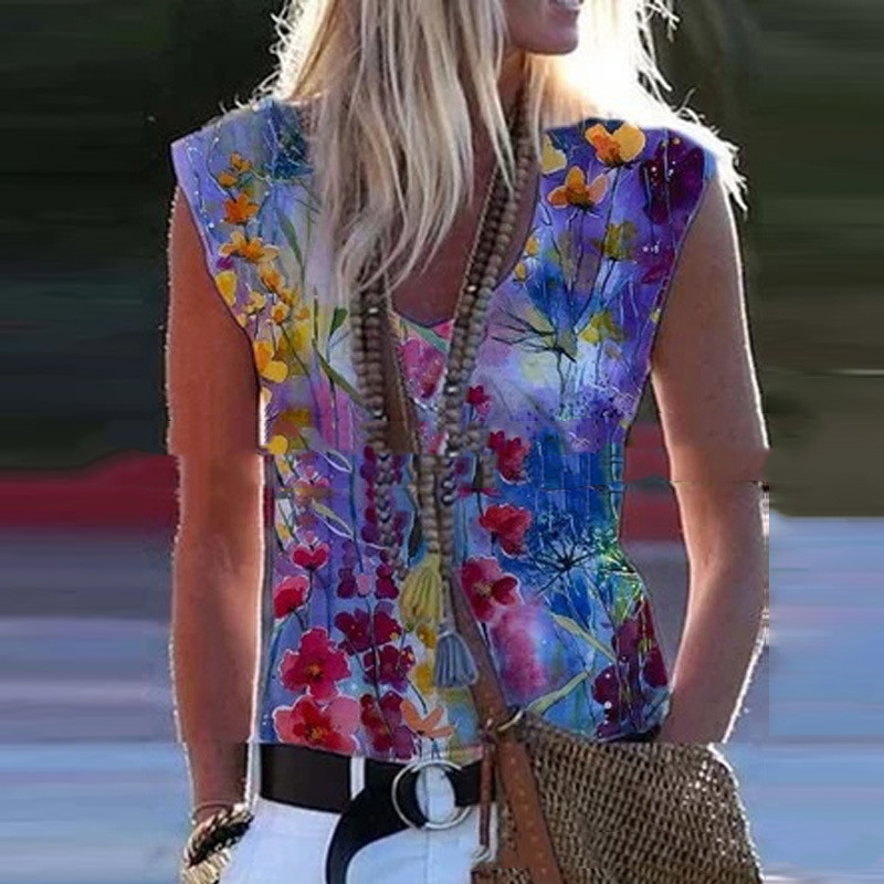 Women's Retro Colorful Printed V Neck Sleeveless Vest Top Pullover