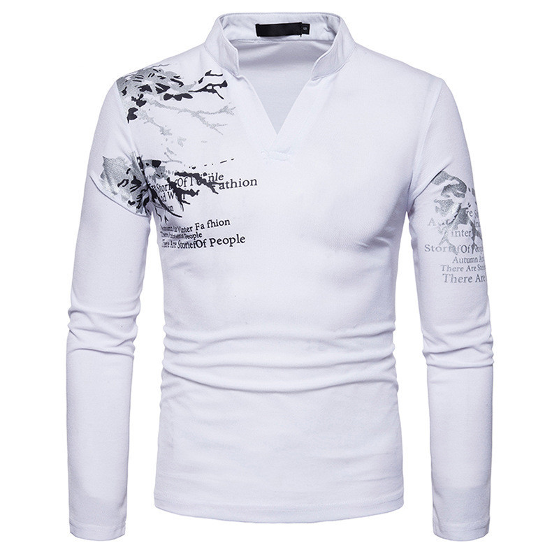 Fashion Men's Henry Collar Long Sleeve Printed T-shirt Polo Shirt