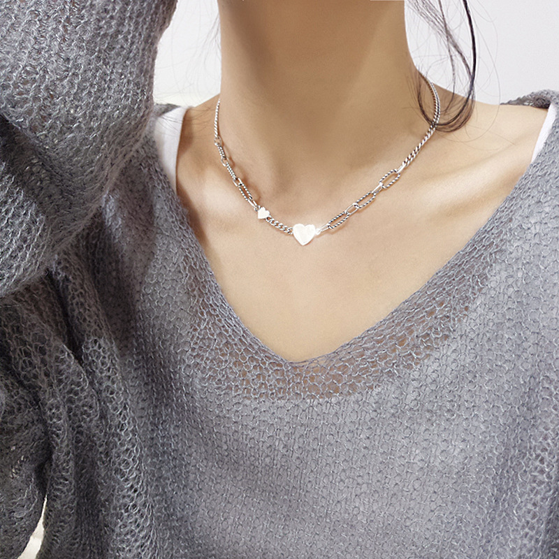 Korean Fashion Love S925 Sterling Silver Necklace Female Retro Thai Silver Clavicle Chain