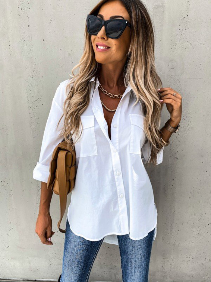 Ladies Irregular Loose Long Sleeve Lapel Collar Shirt Top