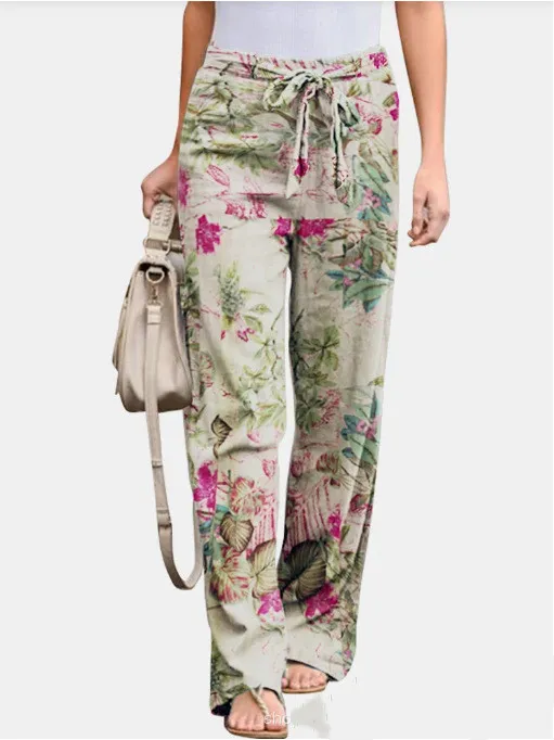 Cotton And Linen Straight Mid Waist Casual Pants Pink - Shop at LoveMi