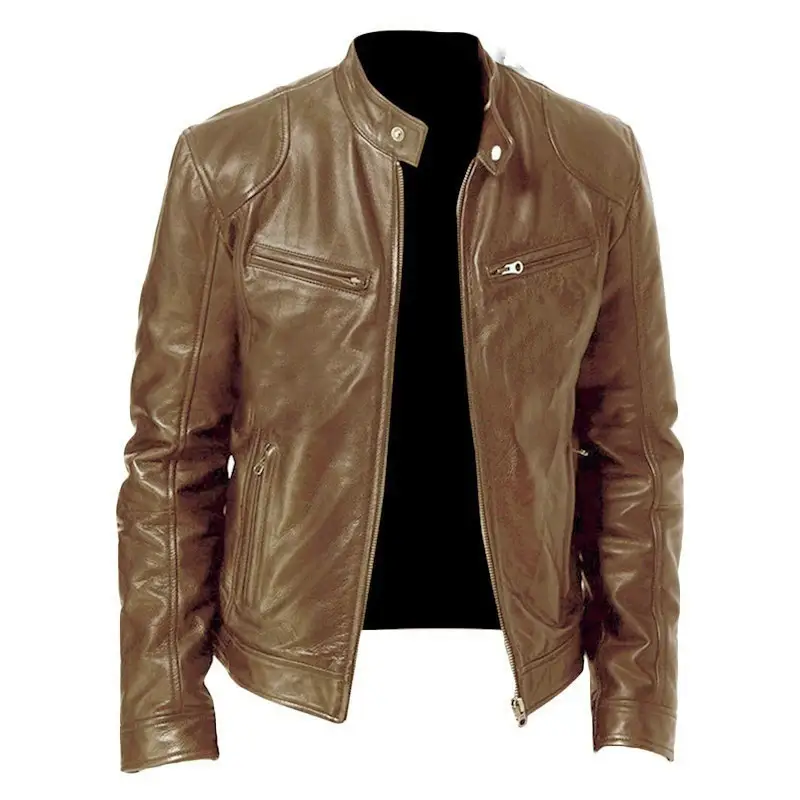 Men's Zip-up Cardigan PU Leather Jacket Fashion Pockets Stand Collar Short Tops